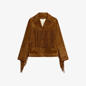 VESTE POUR FEMME EN DAIM COULEUR TABAC AVEC FRANGE