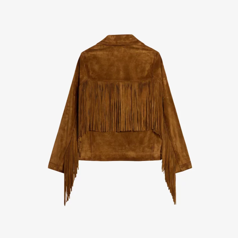 VESTE POUR FEMME EN DAIM COULEUR TABAC AVEC FRANGE – Image 4