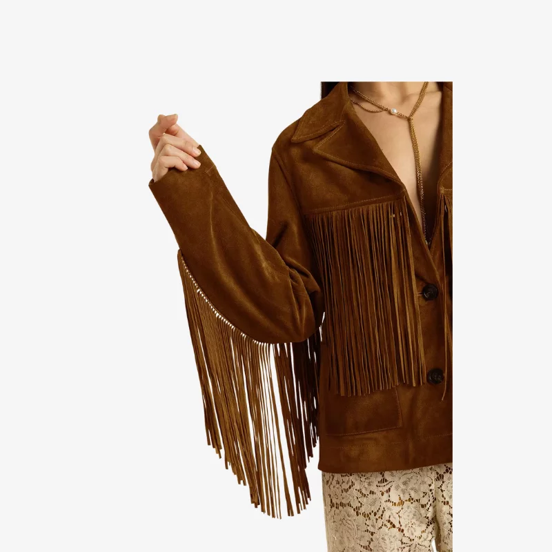 VESTE POUR FEMME EN DAIM COULEUR TABAC AVEC FRANGE – Image 3