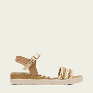 SANDALE TALON COMPENSÉE EN CUIR TAUPE DORÉ CLARA