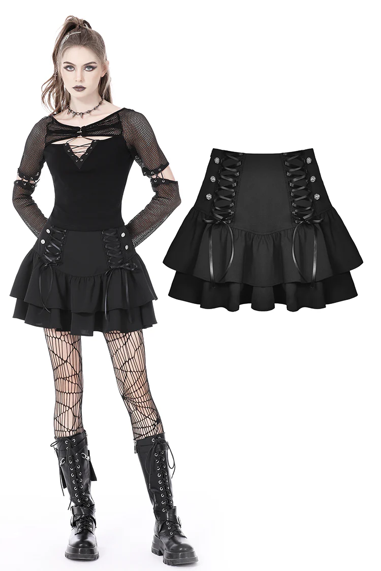 Black elegant lady lace up frilly skirt