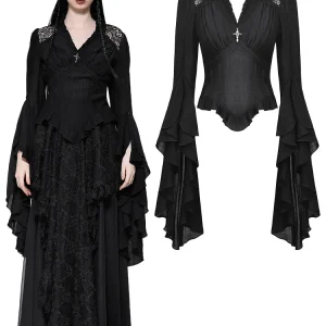 Black classic bell sleeve v-neck top