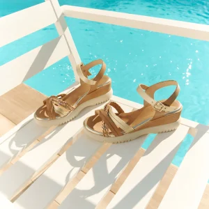 SANDALE COMPENSÉE CUIR TAUPE DORÉ BERTA